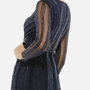 New Mac Duggal Midnight Navy Blue Sequin Beaded Stripe Tulle Gown #9145 size 10